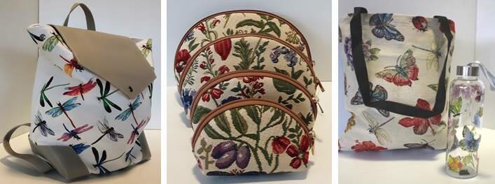 3 assorted images of backpack, floral pouches, and tote bag and water bottle