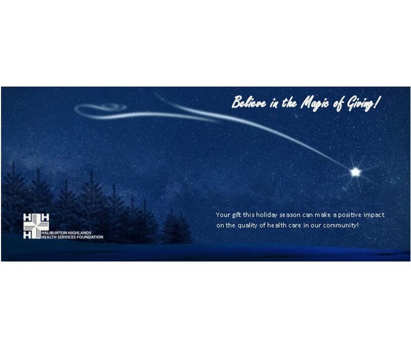 dark blue sky with shooting star, HHHS Foundation logo in bottom left corner, and title Believe in the Magic of Giving at top right
