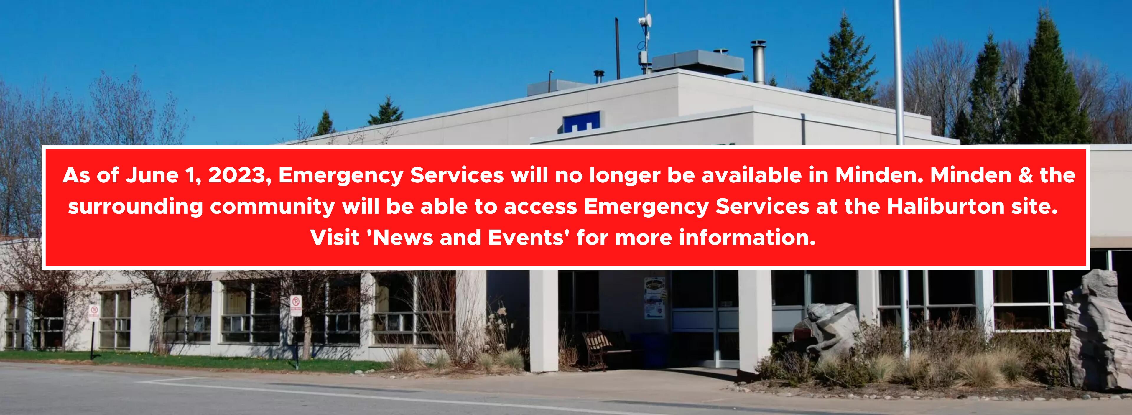 Website banner for HHHS, with notice about emergency services being consolidated at the Haliburton site as of June 1, 2023