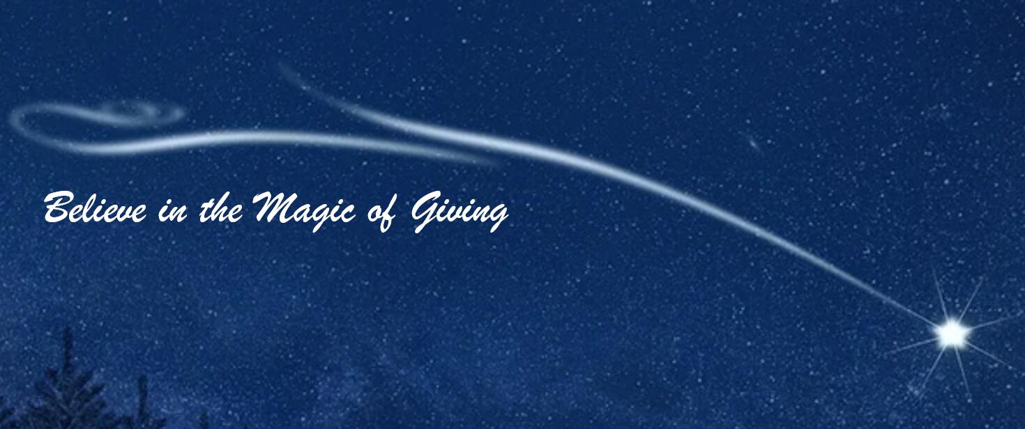 dark blue sky with shooting star, and title Believe in the Magic of Giving at top right